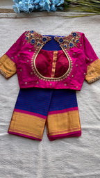 Blue and Pink kanchipuram silk saree with hand worked blouse - Threads