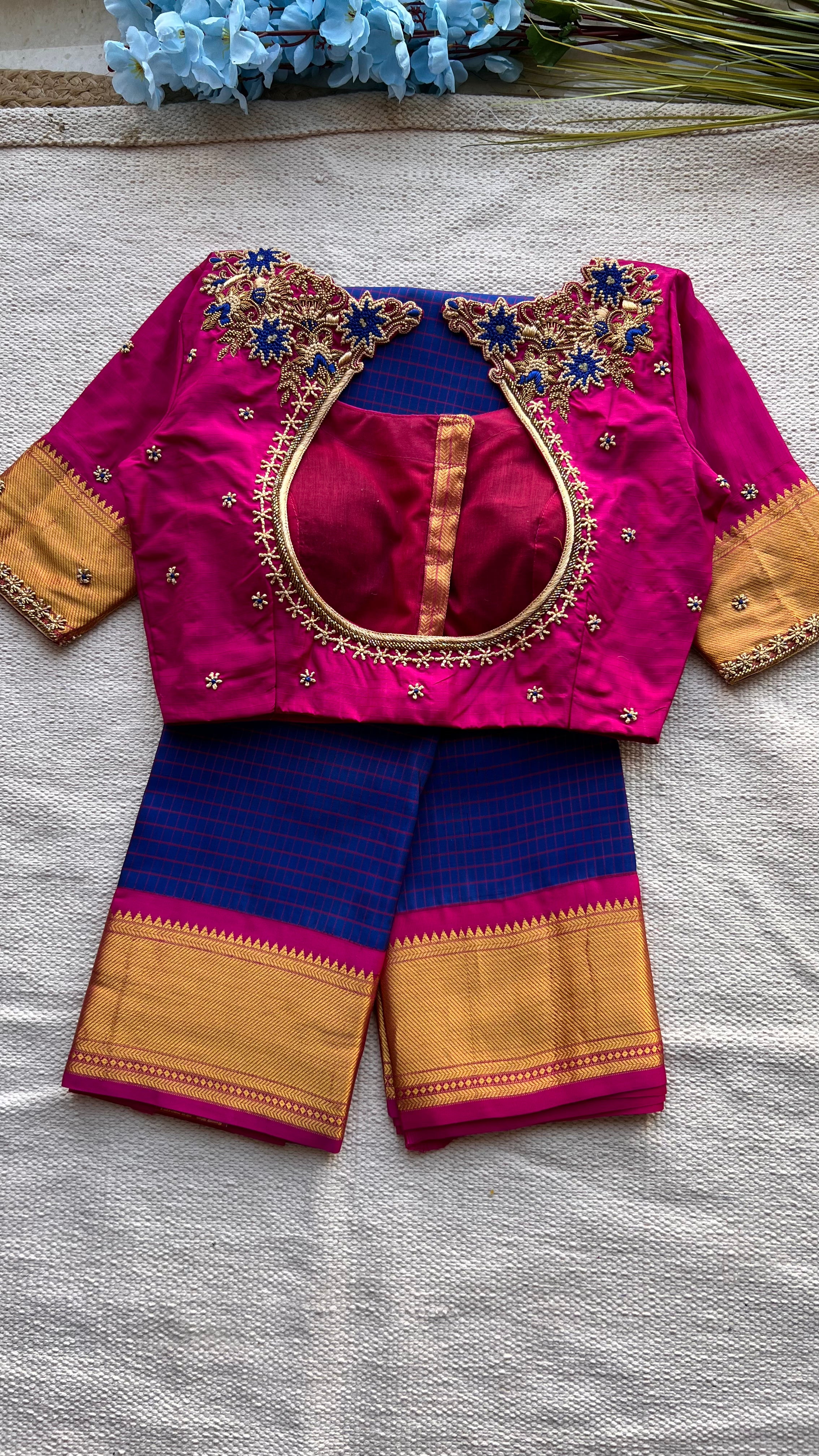 Blue and Pink kanchipuram silk saree with hand worked blouse - Threads