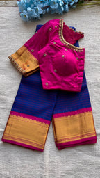 Blue and Pink kanchipuram silk saree with hand worked blouse - Threads