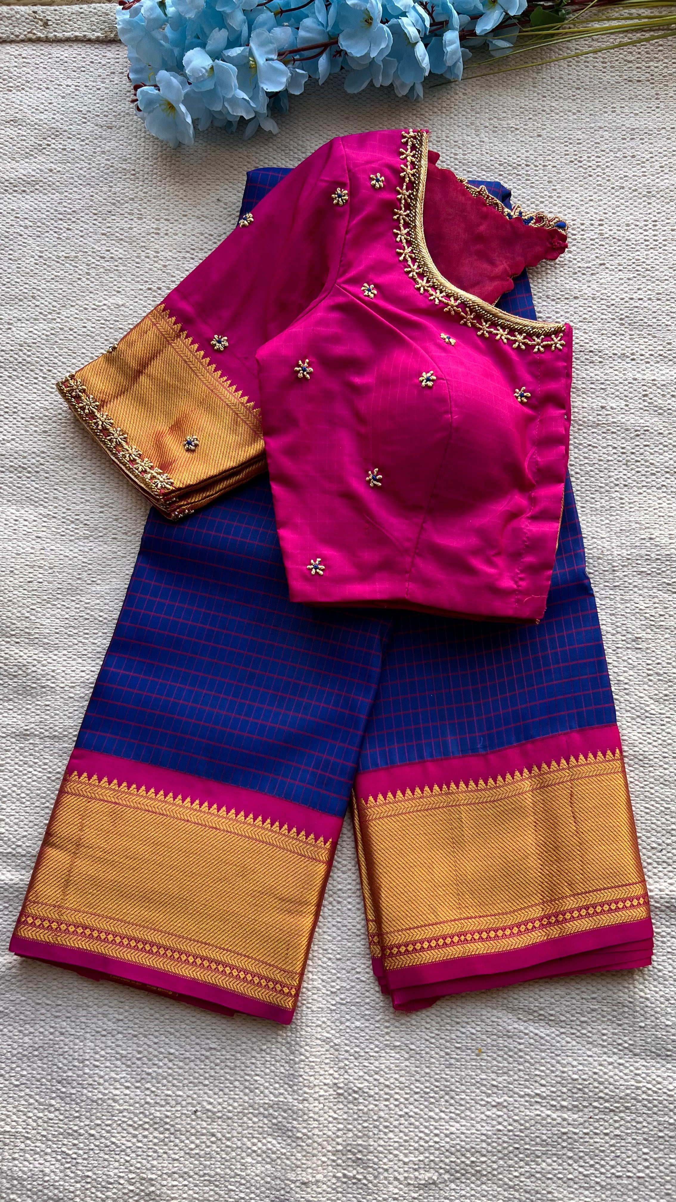 Blue and Pink kanchipuram silk saree with hand worked blouse - Threads
