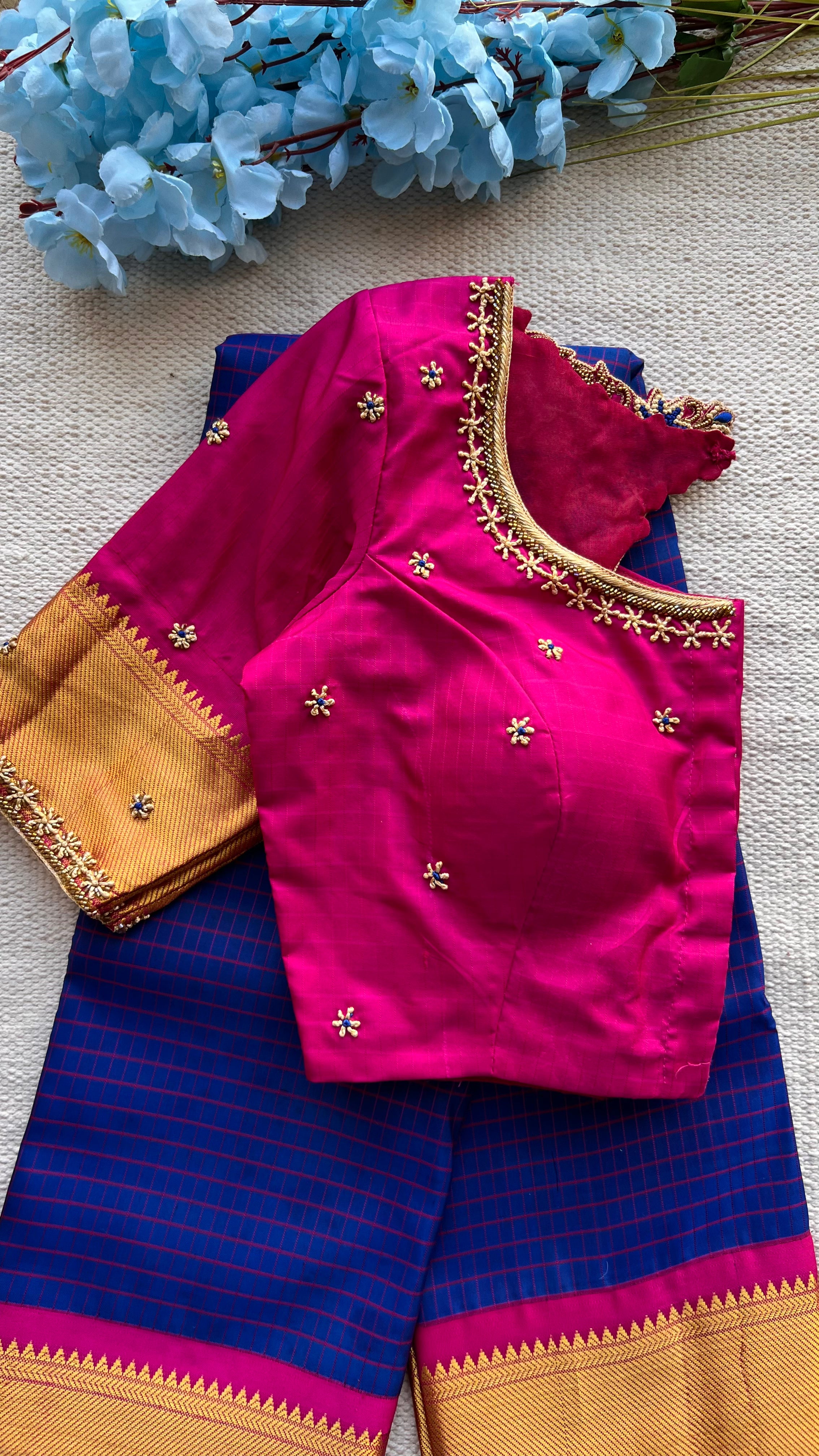 Blue and Pink kanchipuram silk saree with hand worked blouse - Threads