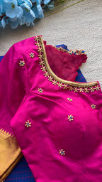 Blue and Pink kanchipuram silk saree with hand worked blouse - Threads