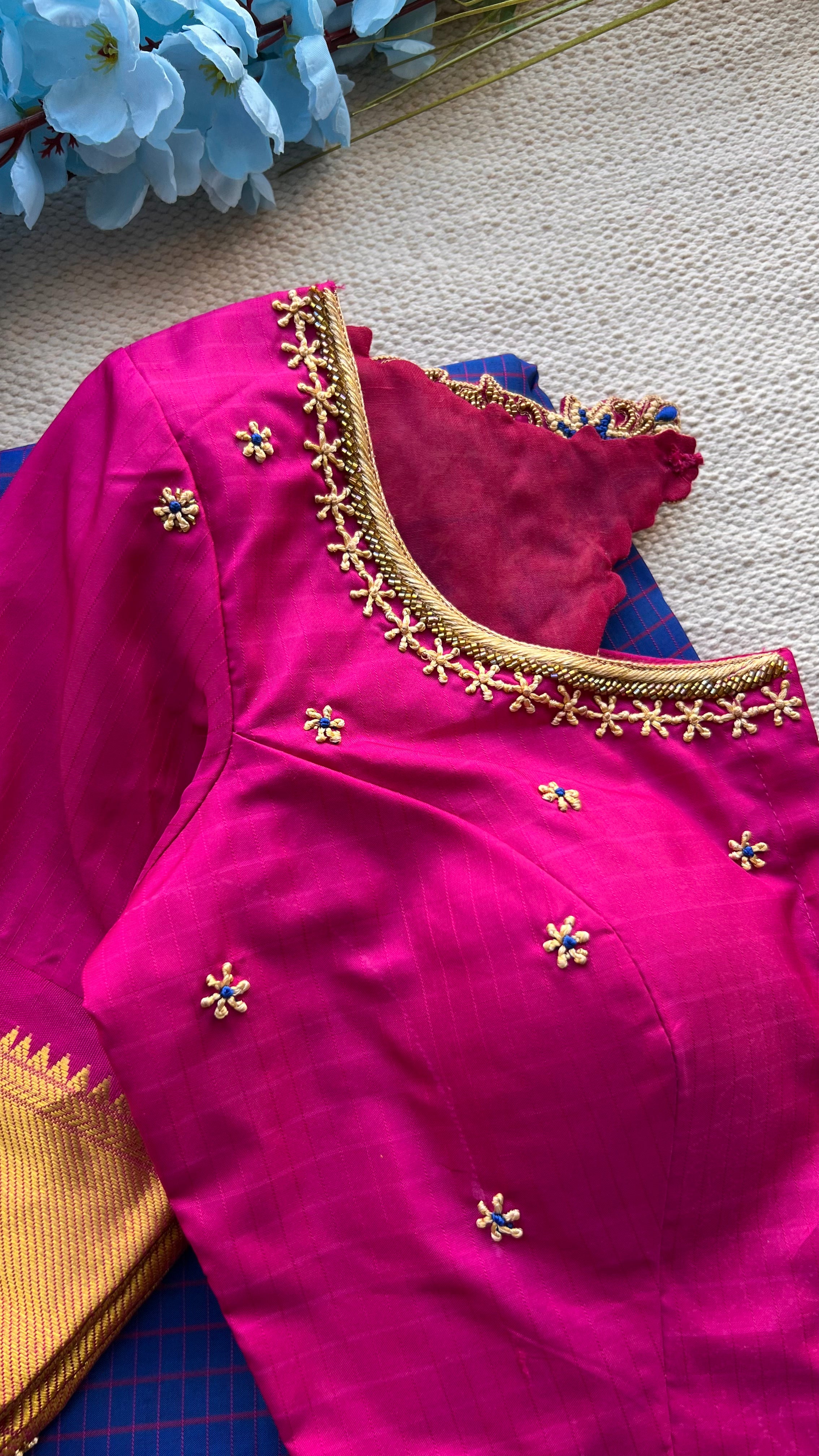 Blue and Pink kanchipuram silk saree with hand worked blouse - Threads