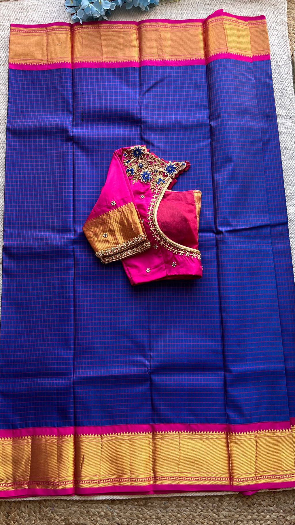 Blue and Pink kanchipuram silk saree with hand worked blouse - Threads