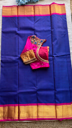 Blue and Pink kanchipuram silk saree with hand worked blouse - Threads