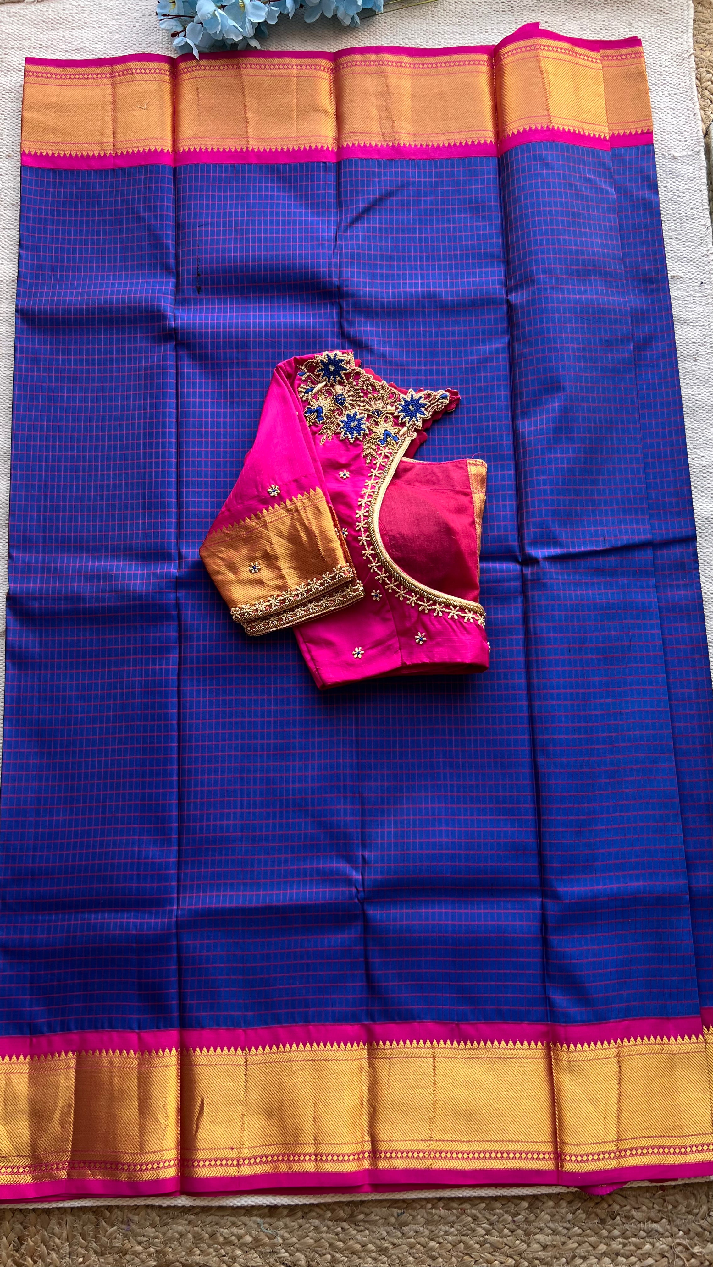 Blue and Pink kanchipuram silk saree with hand worked blouse - Threads