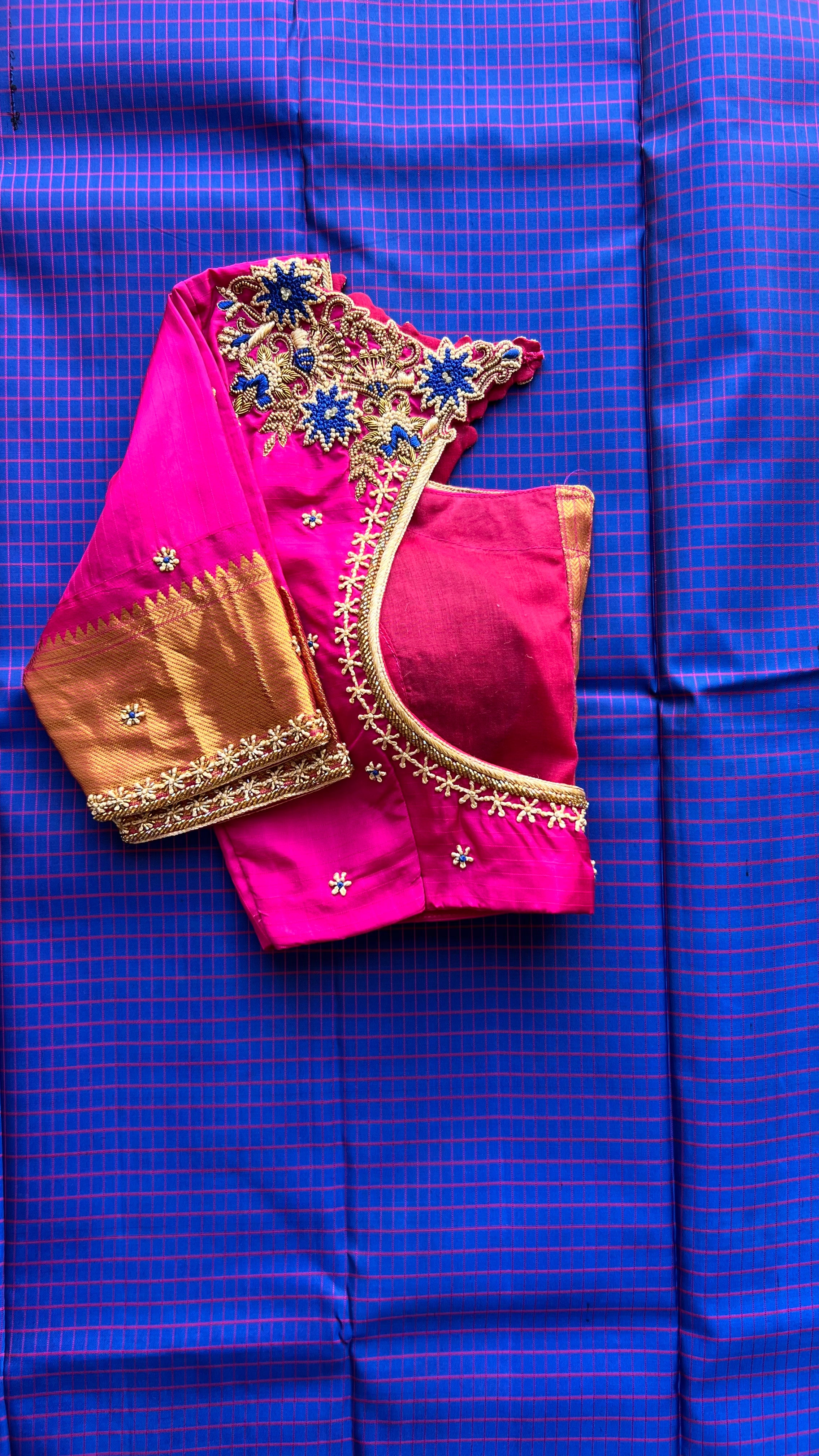 Blue and Pink kanchipuram silk saree with hand worked blouse - Threads