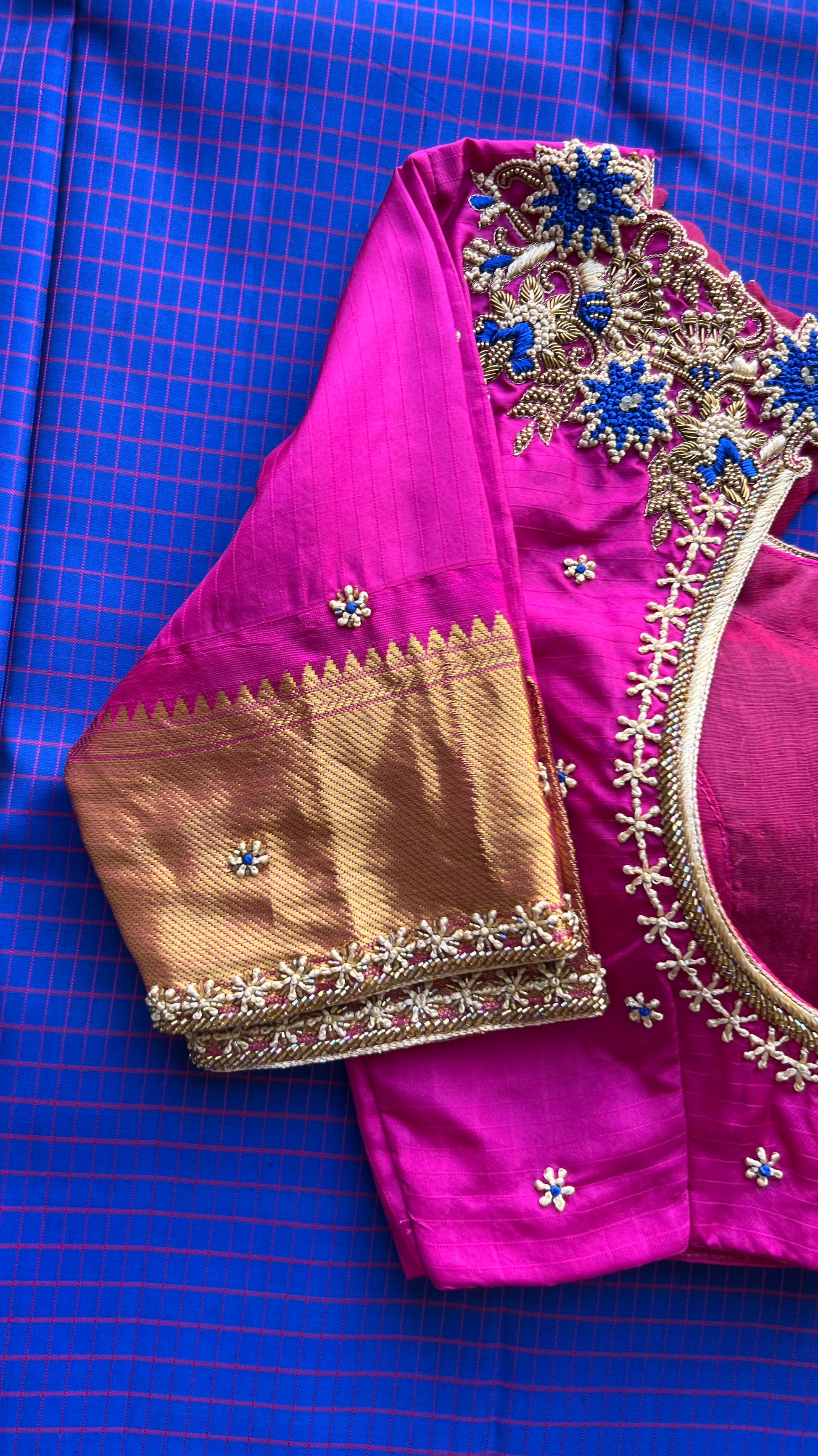 Blue and Pink kanchipuram silk saree with hand worked blouse - Threads