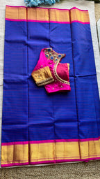 Blue and Pink kanchipuram silk saree with hand worked blouse - Threads