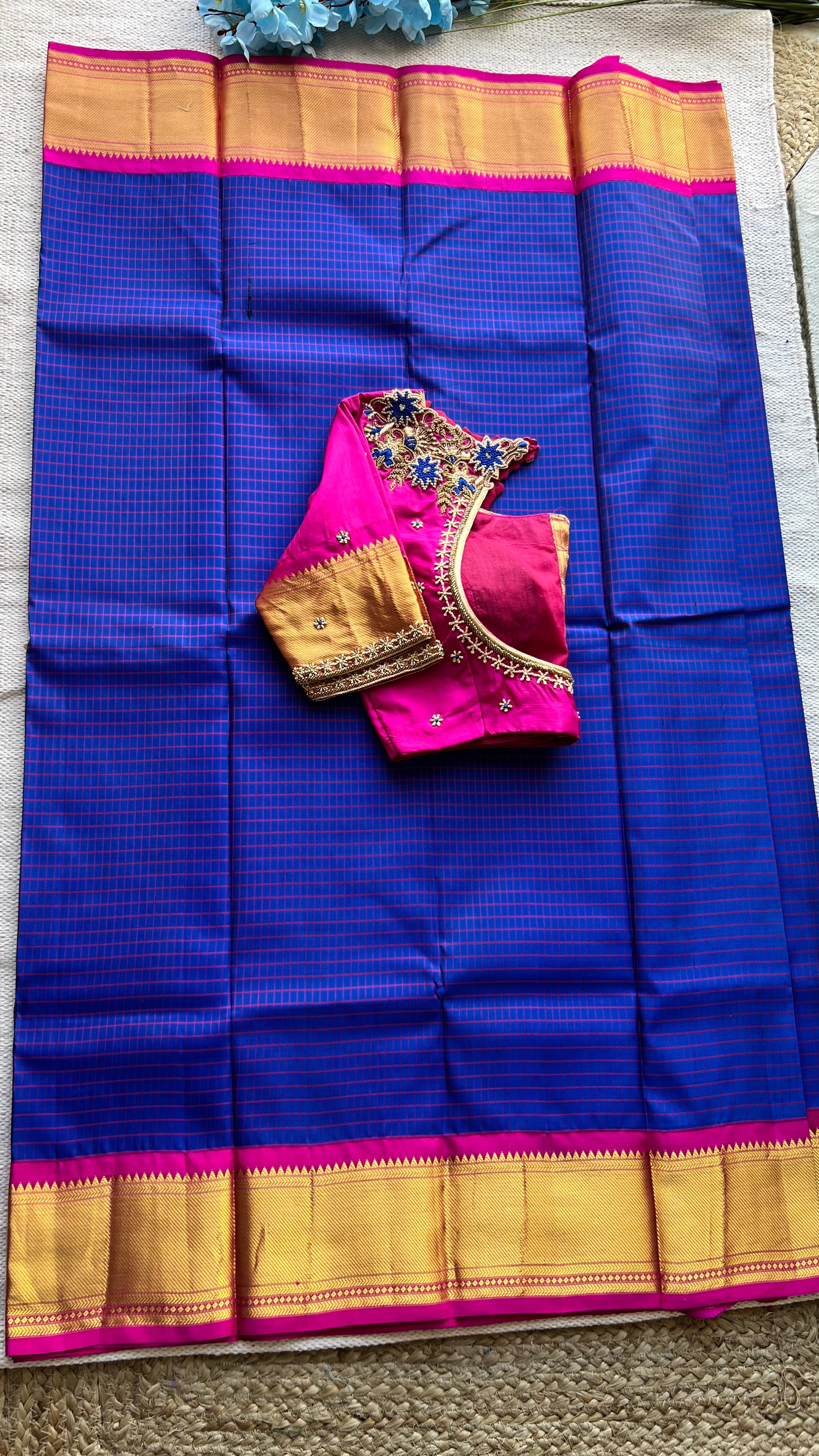 Blue and Pink kanchipuram silk saree with hand worked blouse - Threads