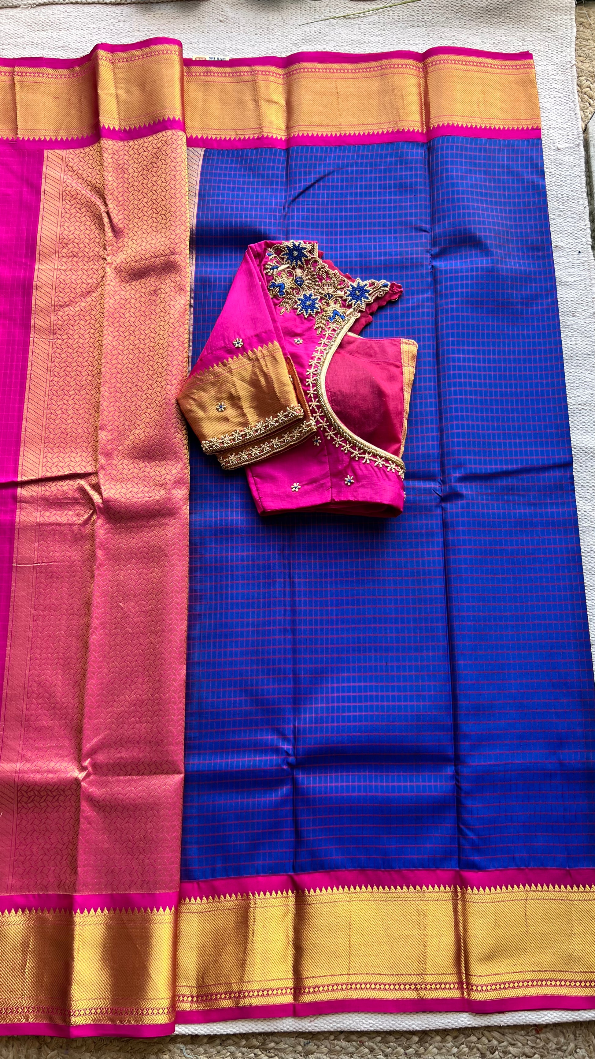 Blue and Pink kanchipuram silk saree with hand worked blouse - Threads