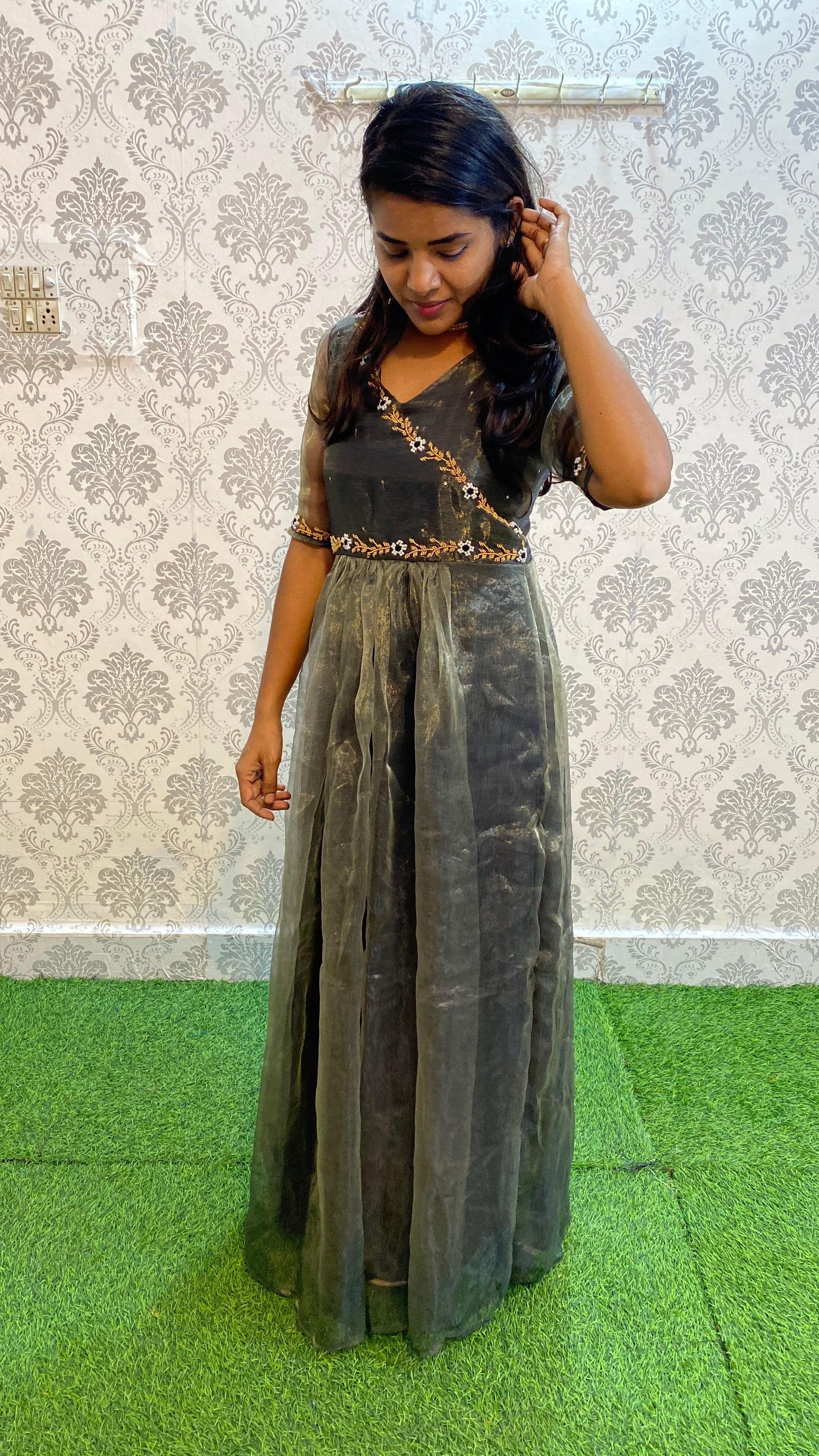 Black Silk orgnaza Worked full length salwar - Threads