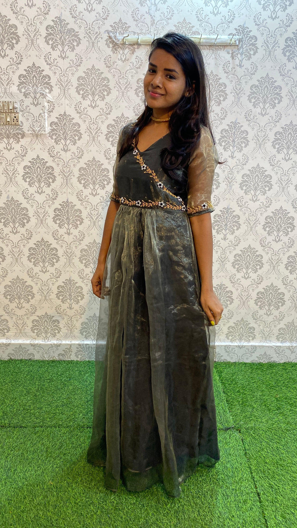 Black Silk orgnaza Worked full length salwar - Threads