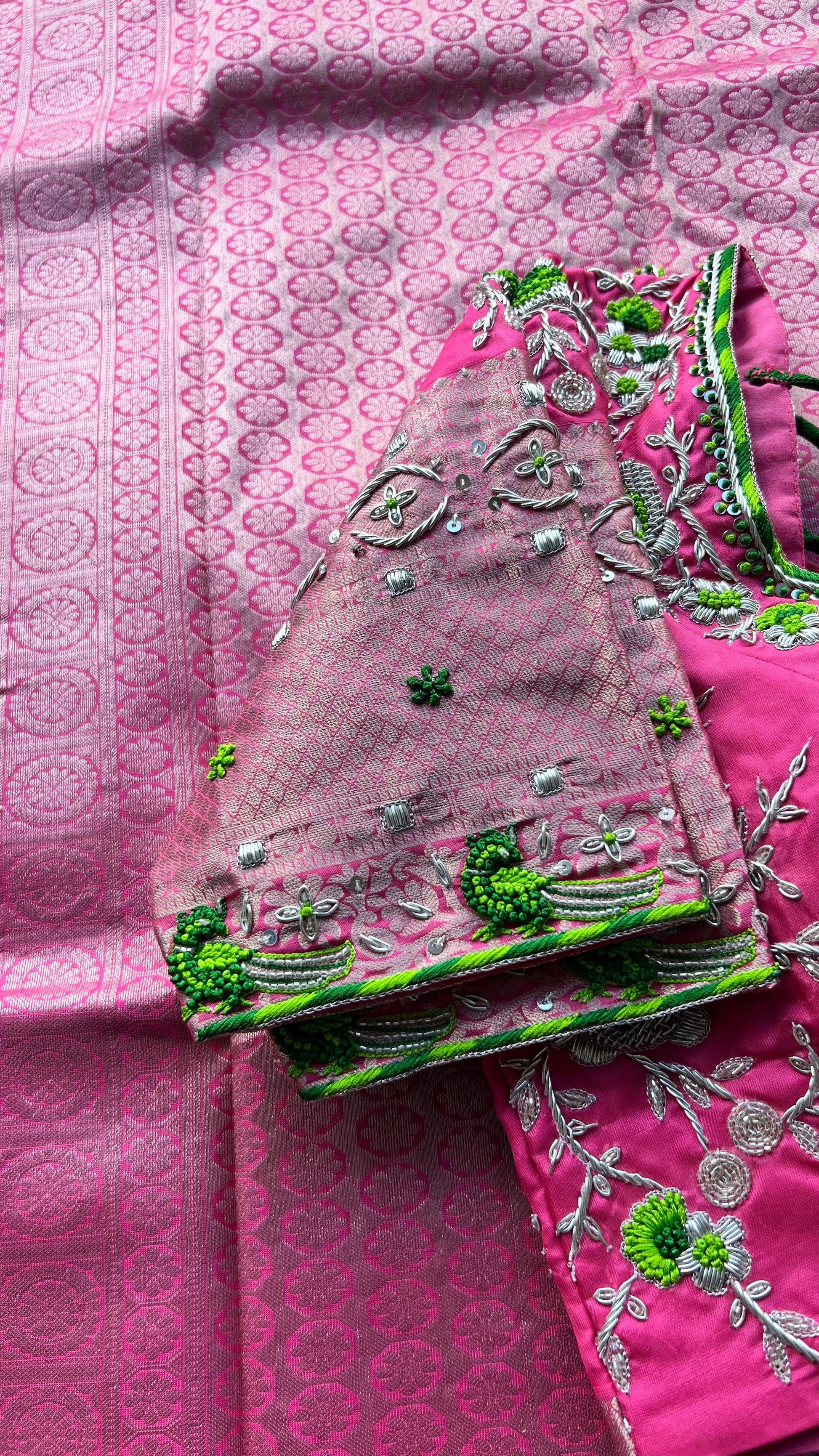 Green and pink kanchipuram silk saree with hand worked blouse - Threads