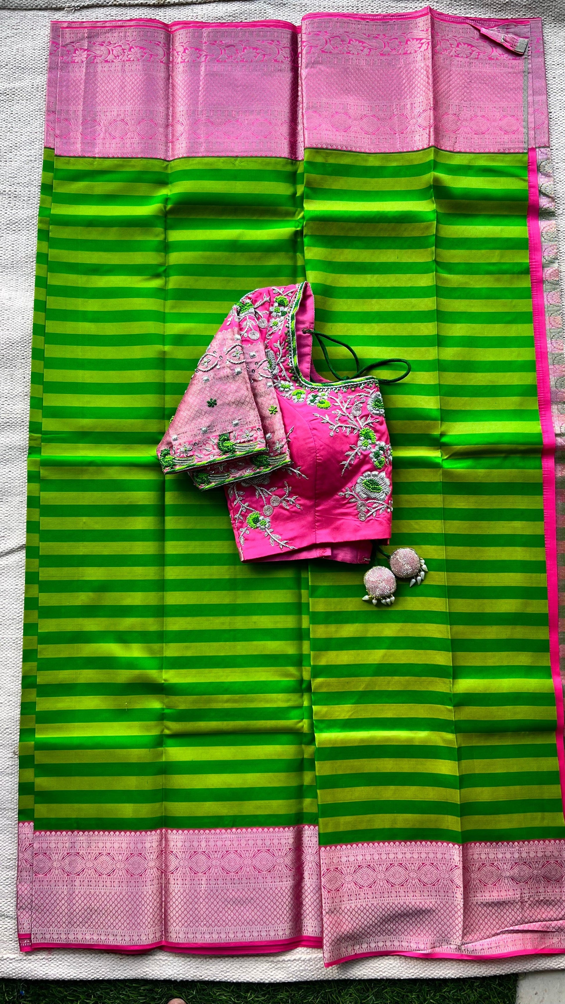 Green and pink kanchipuram silk saree with hand worked blouse - Threads