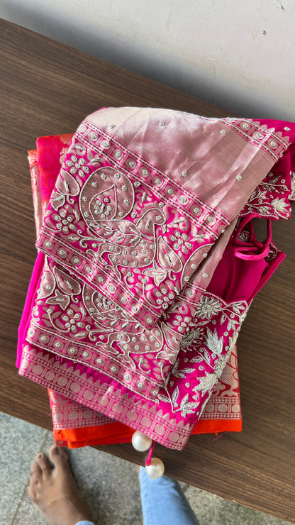 Red and silver kanchipuram silk saree with hand worked blouse