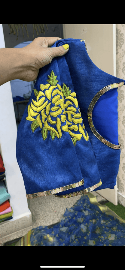 Blue Silk Blouse with Threaded Floral work - Threads
