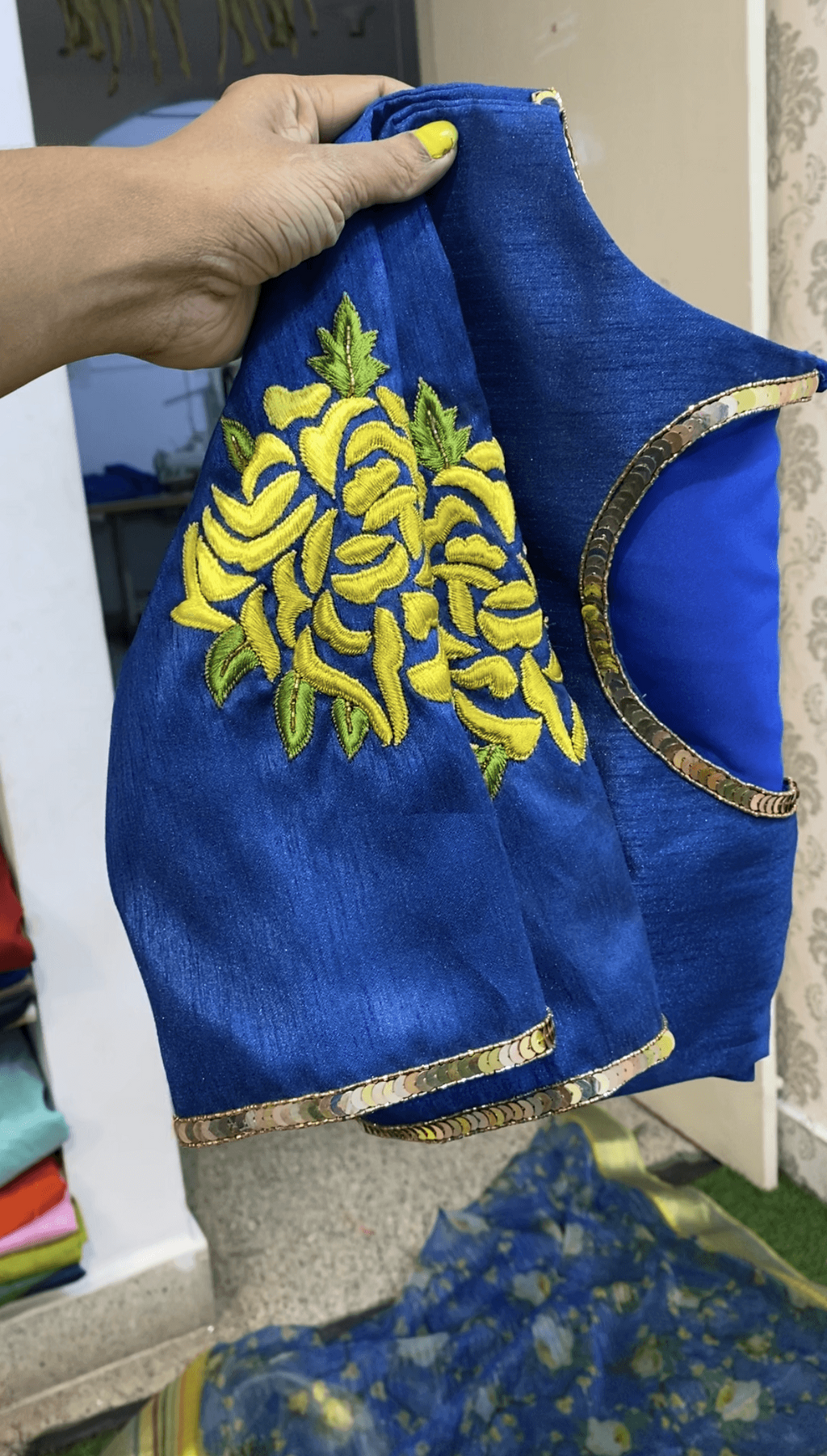 Blue Silk Blouse with Threaded Floral work - Threads