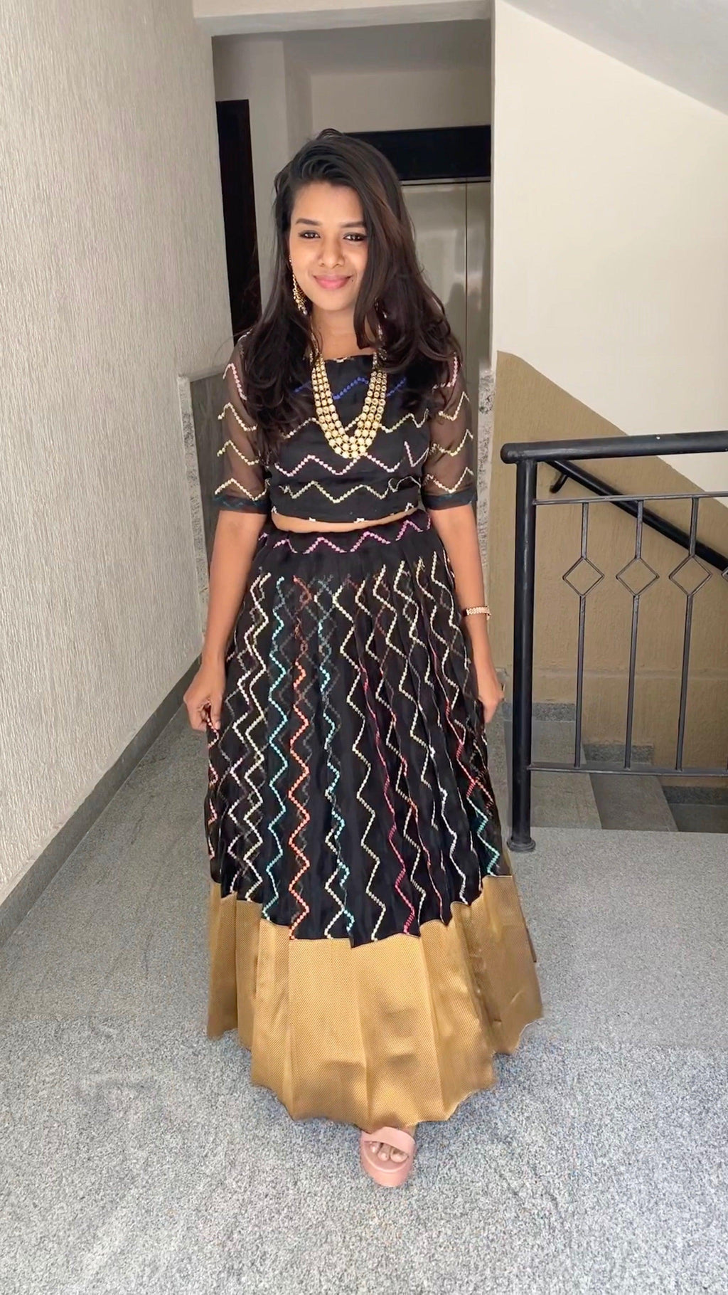 Black Organza embroidery silk bottm women lehenga with stitched blouse - Threads