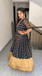 Black Organza embroidery silk bottm women lehenga with stitched blouse - Threads