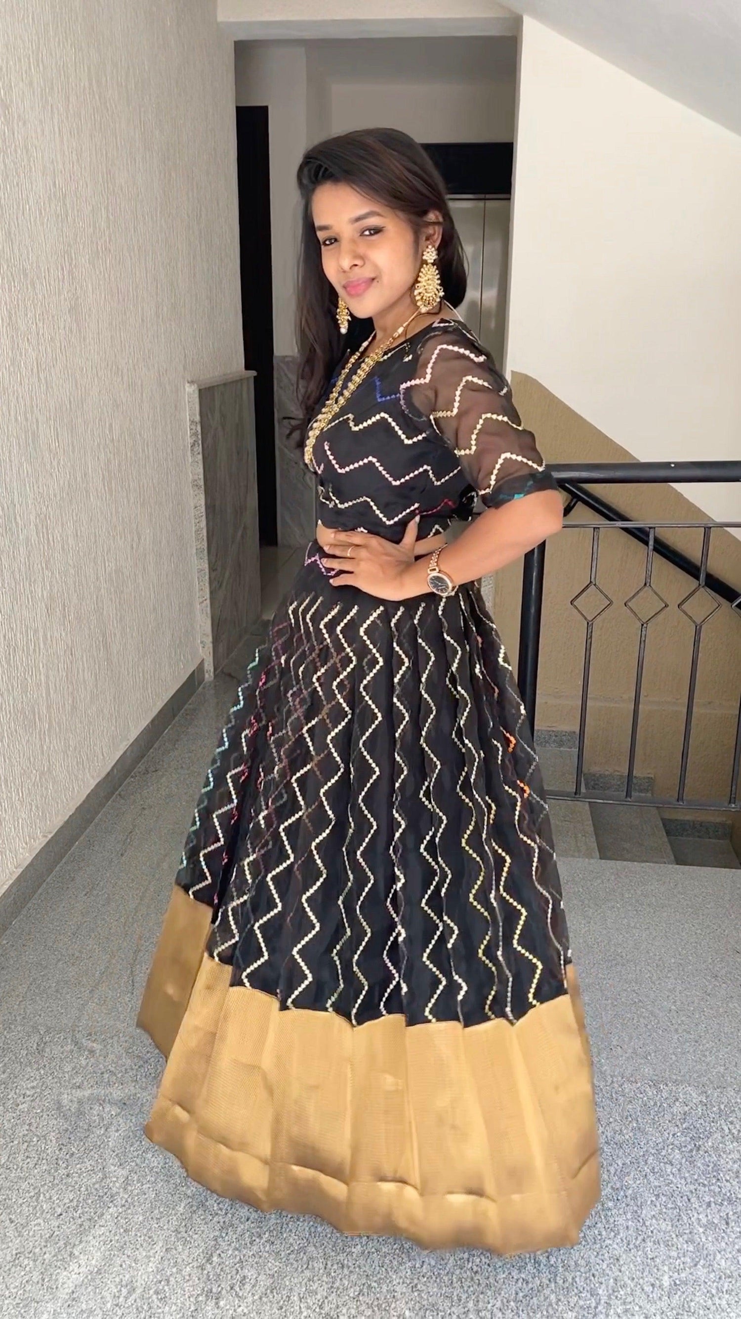 Black Organza embroidery silk bottm women lehenga with stitched blouse - Threads