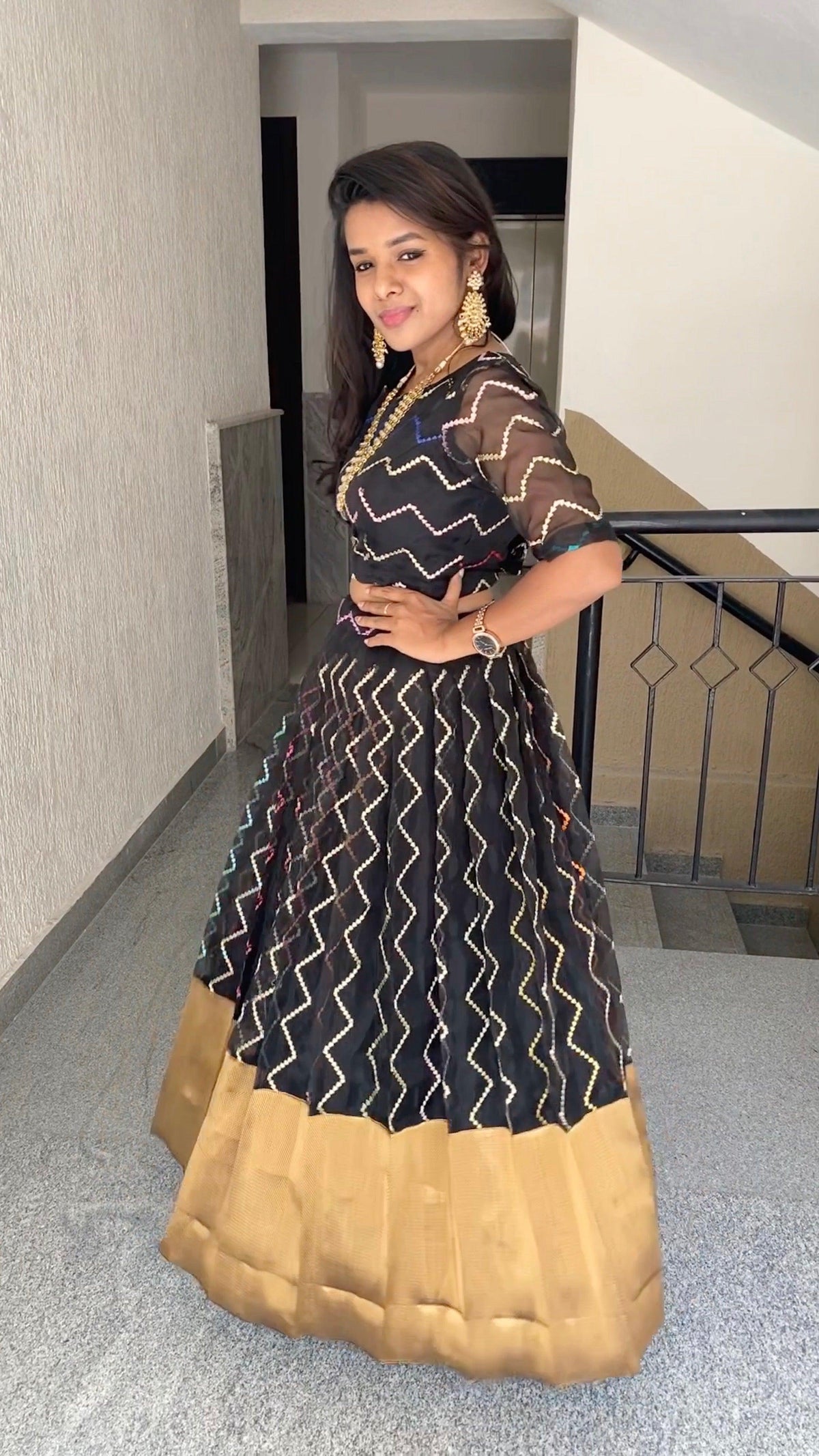 Black Organza embroidery silk bottm women lehenga with stitched blouse - Threads