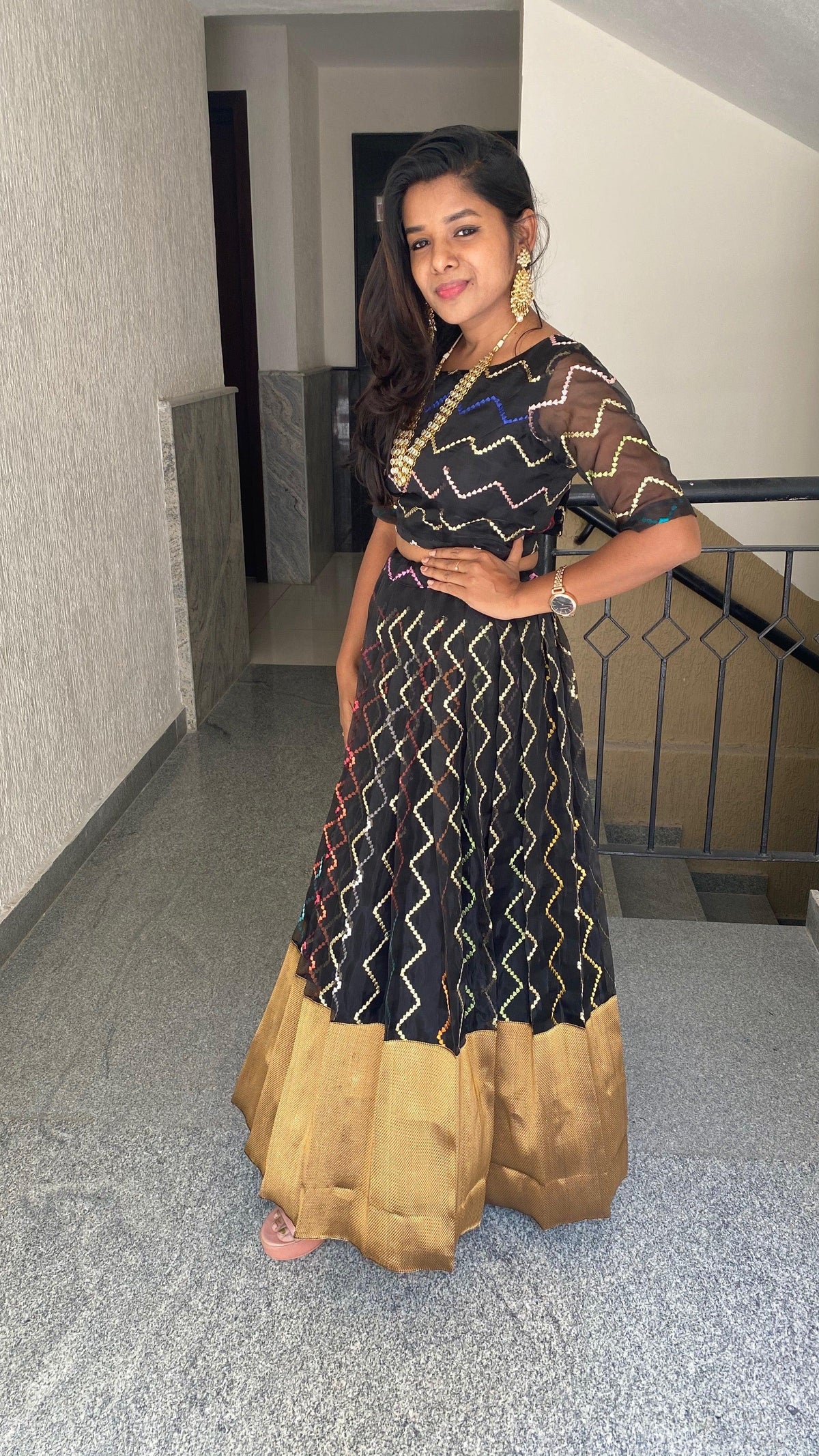Black Organza embroidery silk bottm women lehenga with stitched blouse - Threads