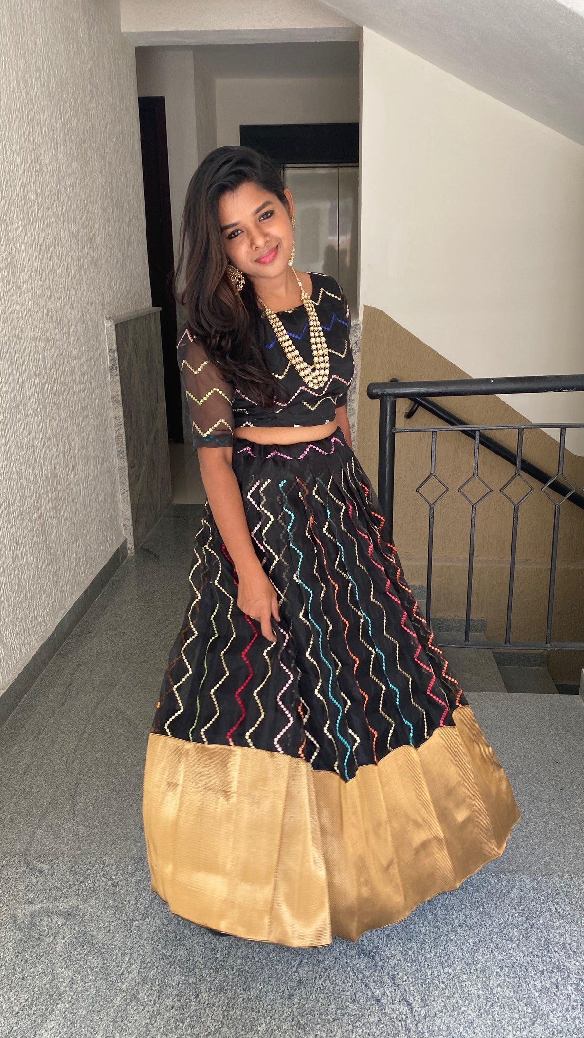 Black Organza embroidery silk bottm women lehenga with stitched blouse - Threads