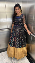 Black Organza embroidery silk bottm women lehenga with stitched blouse - Threads