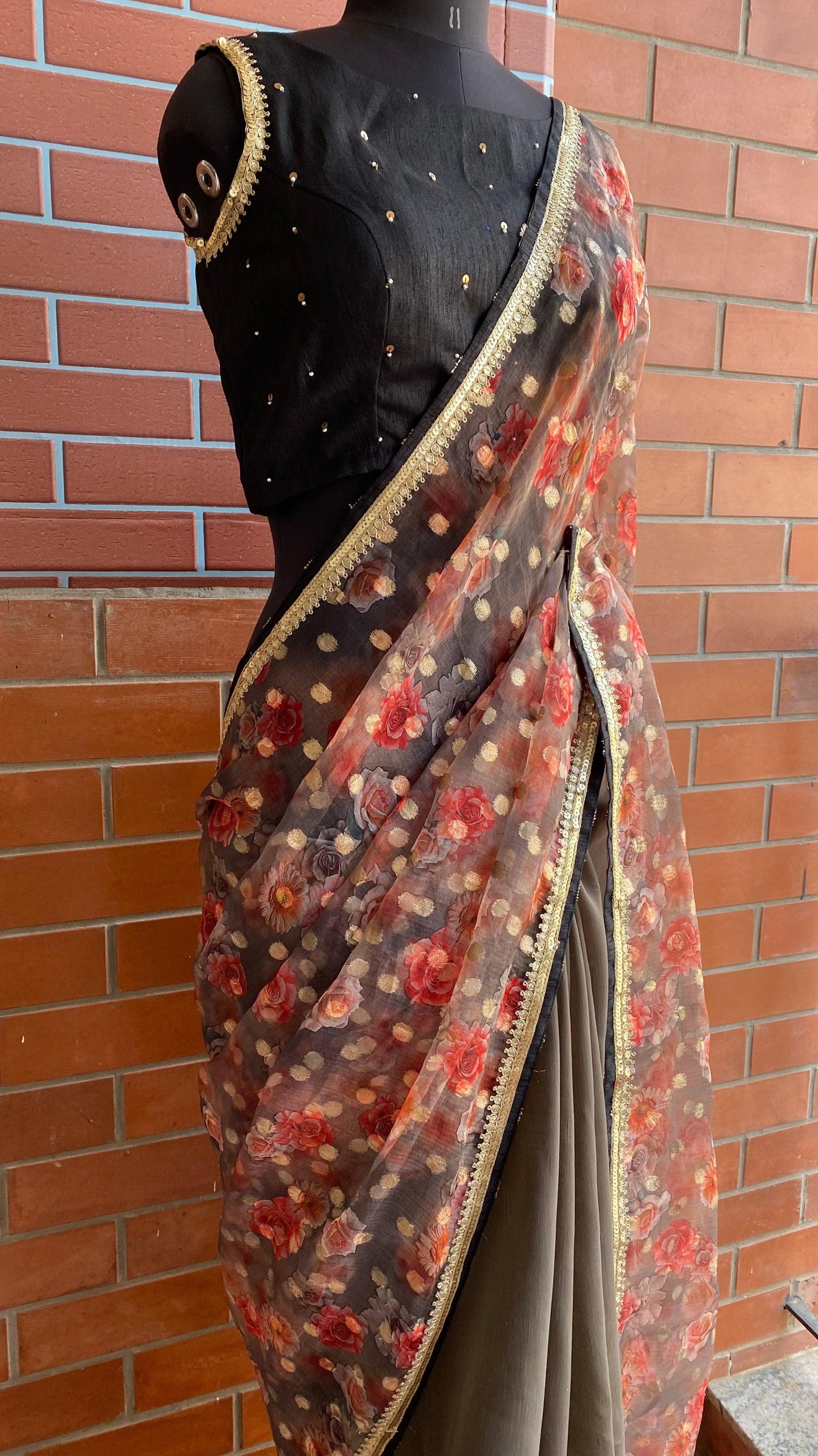 Floral Butta organza Half and Half saree with stitched handworked Blouse - Threads