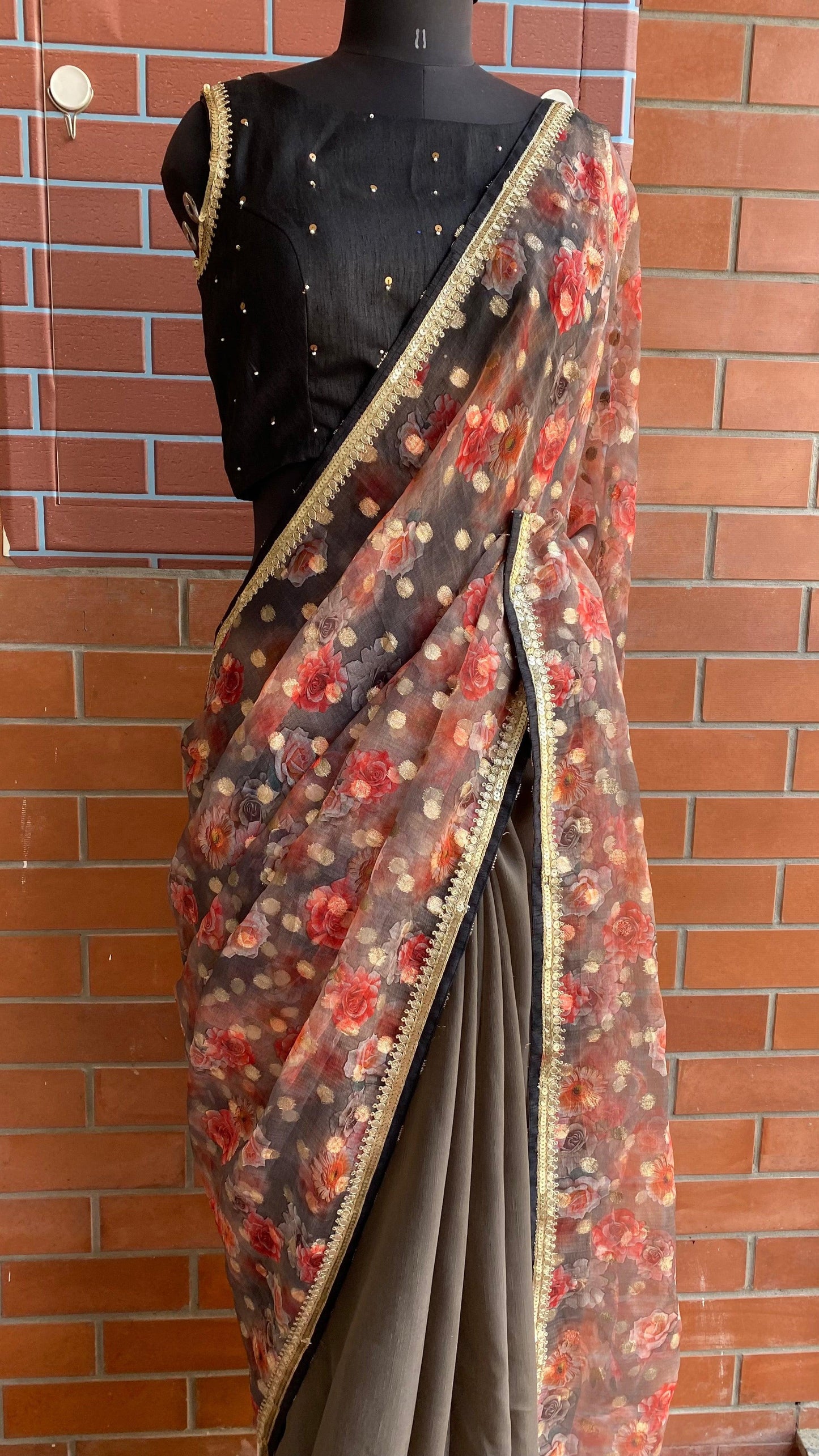 Floral Butta organza Half and Half saree with stitched handworked Blouse - Threads