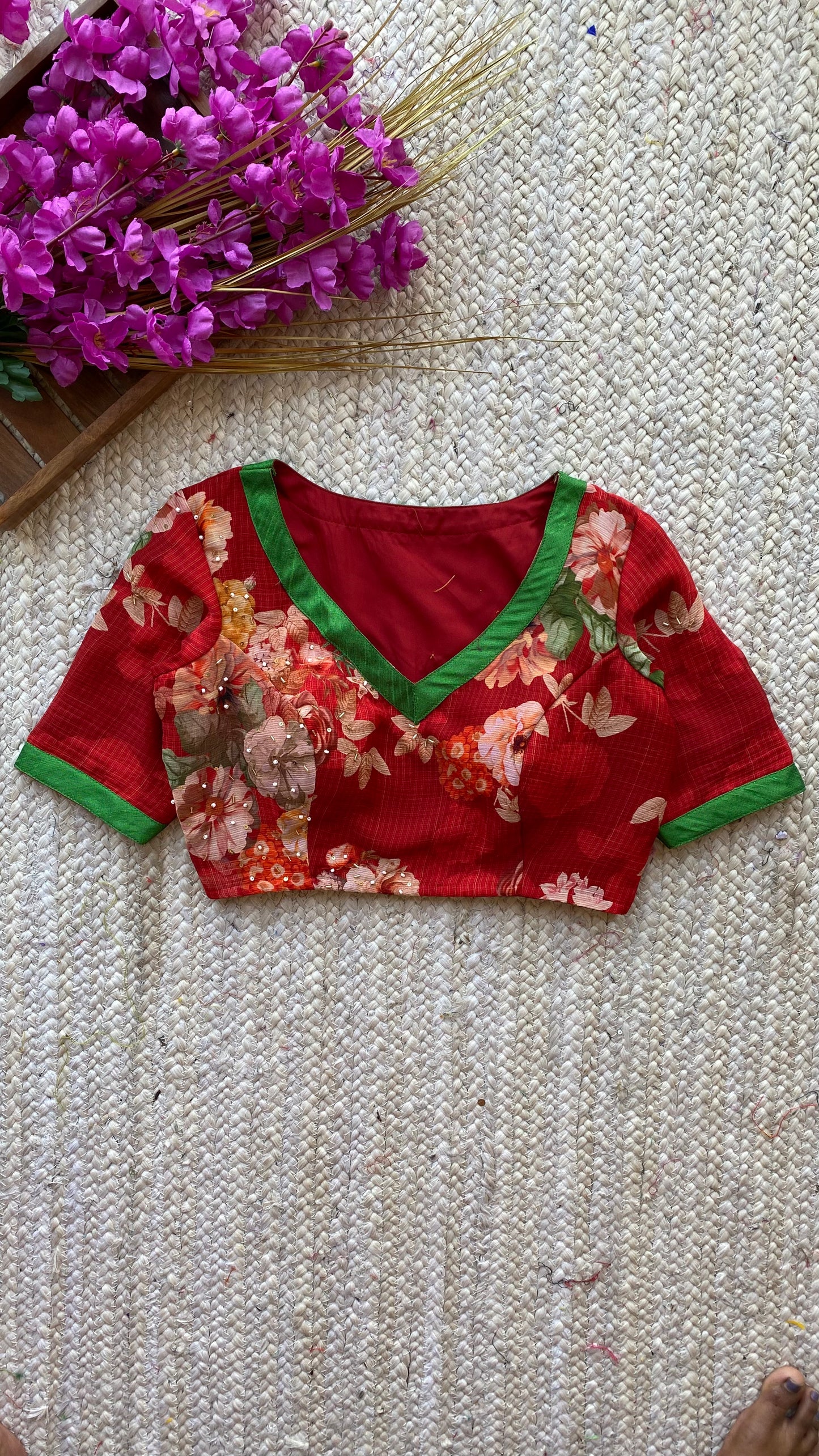Red soft georgette hand embroidered blouse
