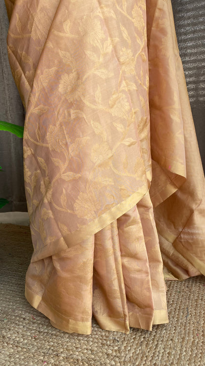 Golden cream kanchipuram silk saree with hand worked blouse