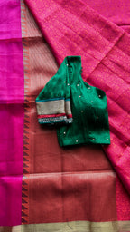 Pink Red silk saree with green hand worked blouse - Threads
