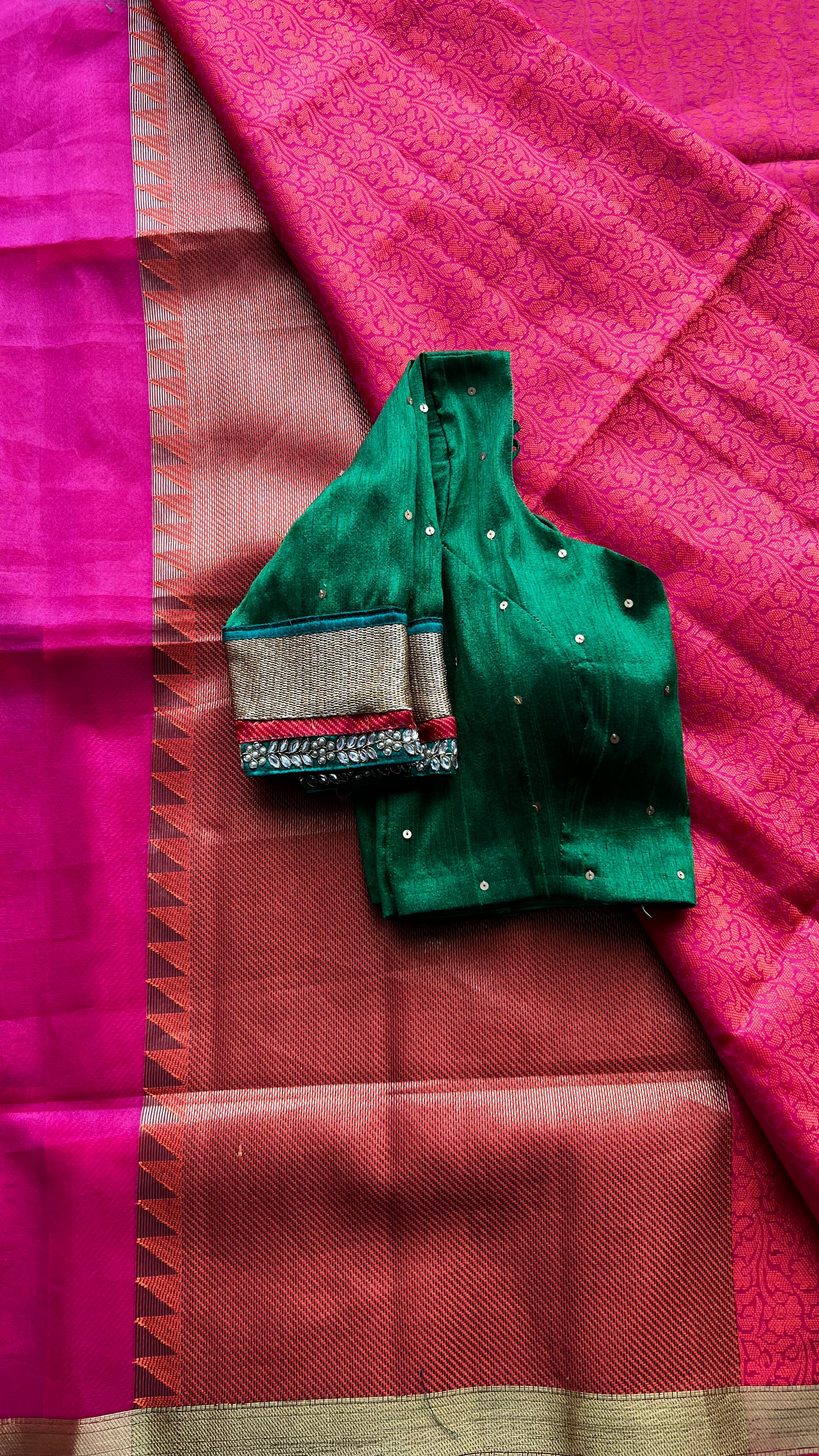 Pink Red silk saree with green hand worked blouse - Threads