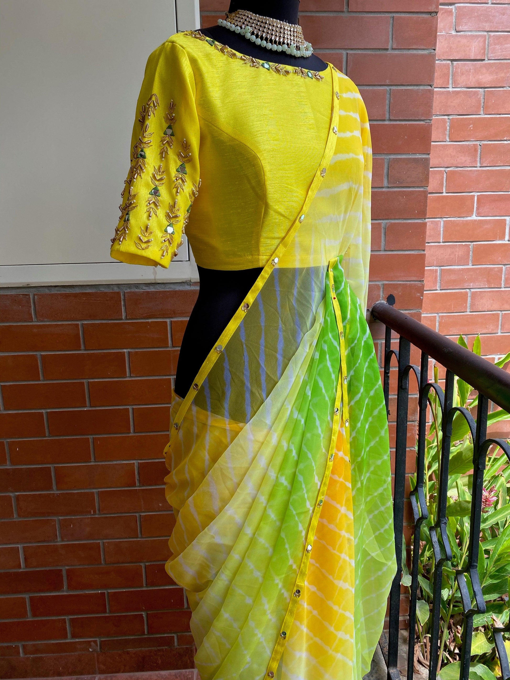 Yellow Delight tie and die multicolour saree with hand work blouse - Threads