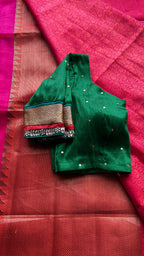 Pink Red silk saree with green hand worked blouse - Threads