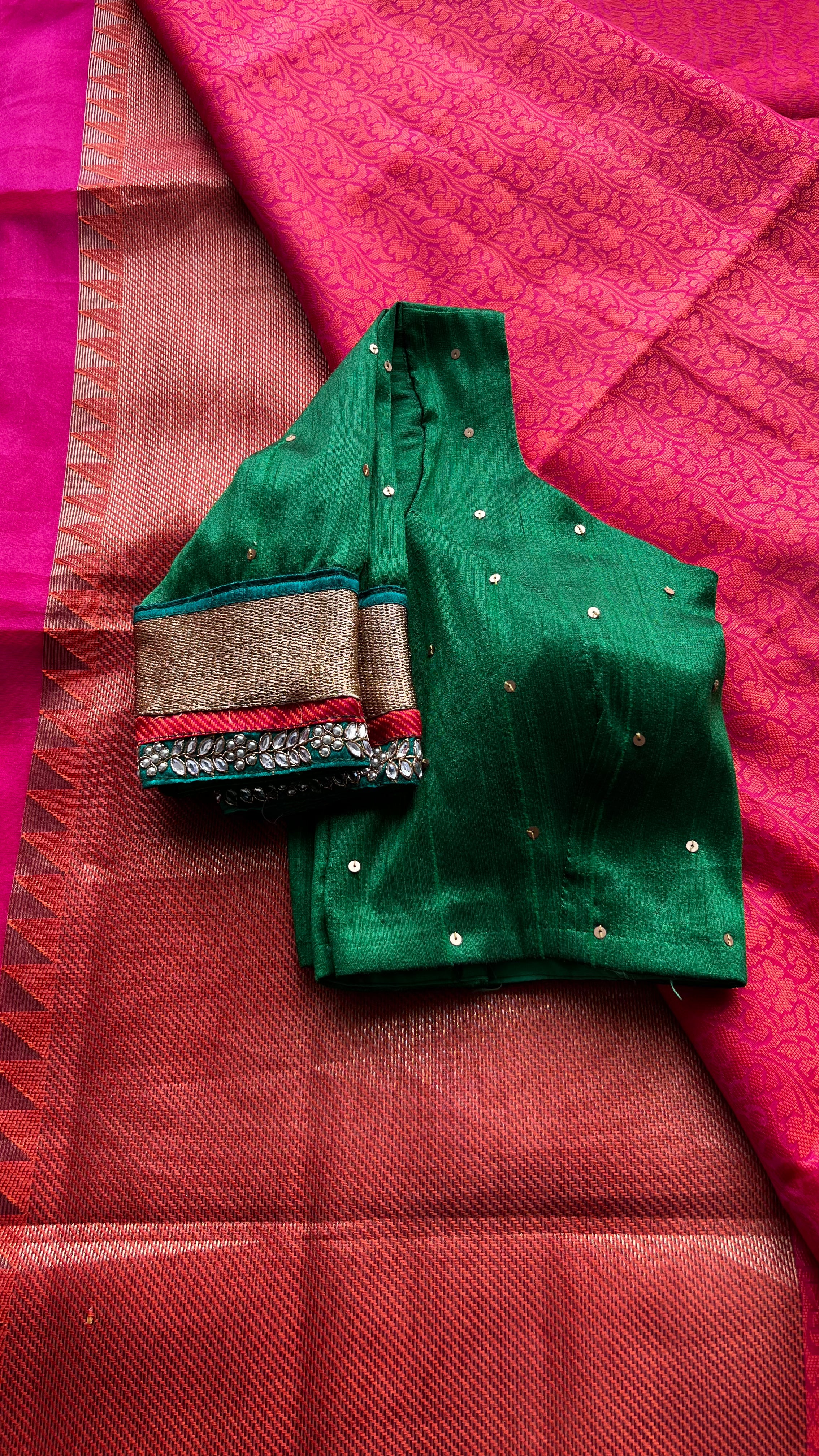 Pink Red silk saree with green hand worked blouse - Threads