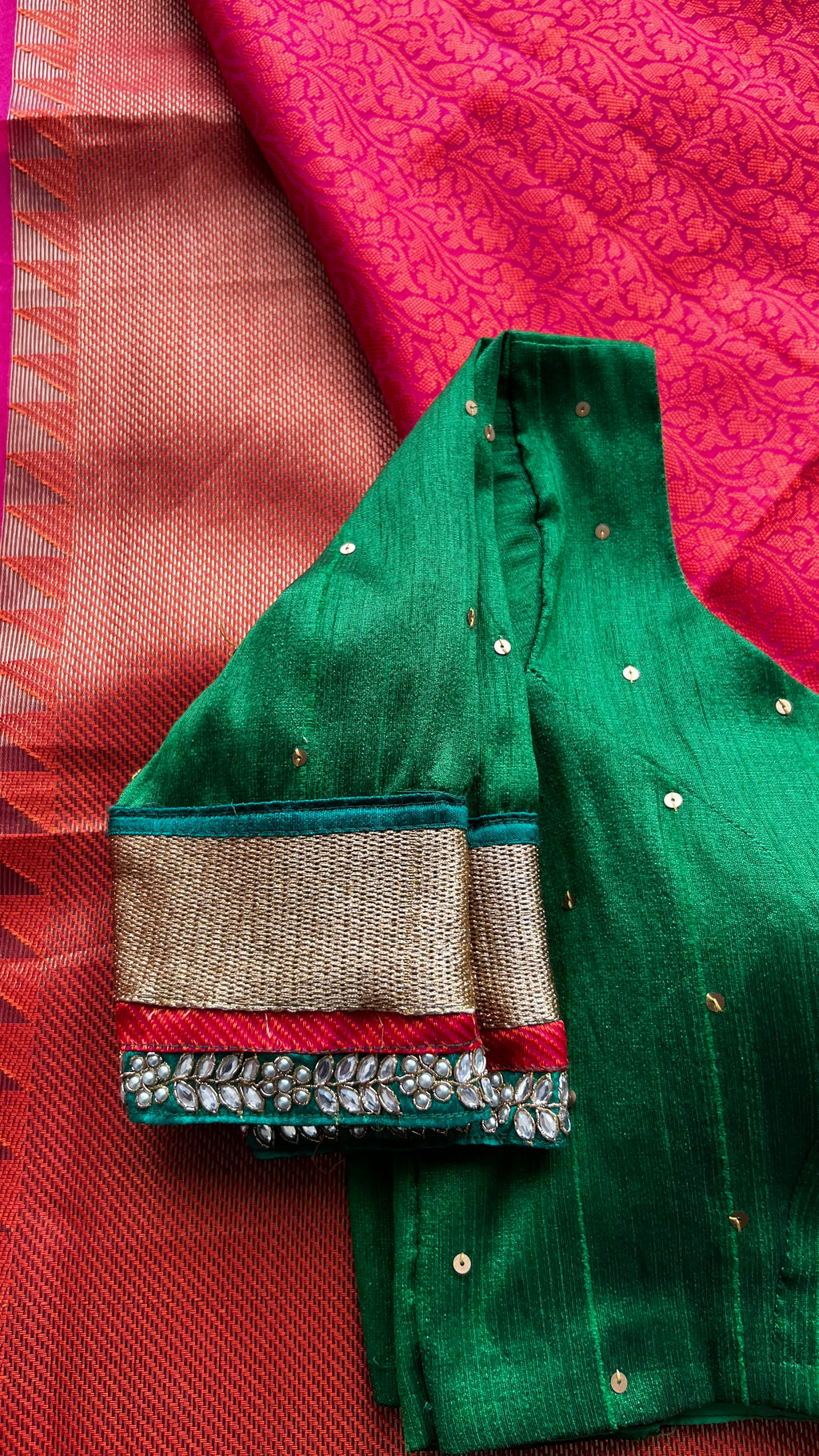 Pink Red silk saree with green hand worked blouse - Threads