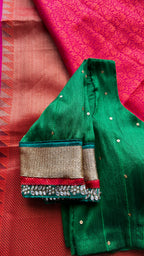 Pink Red silk saree with green hand worked blouse - Threads
