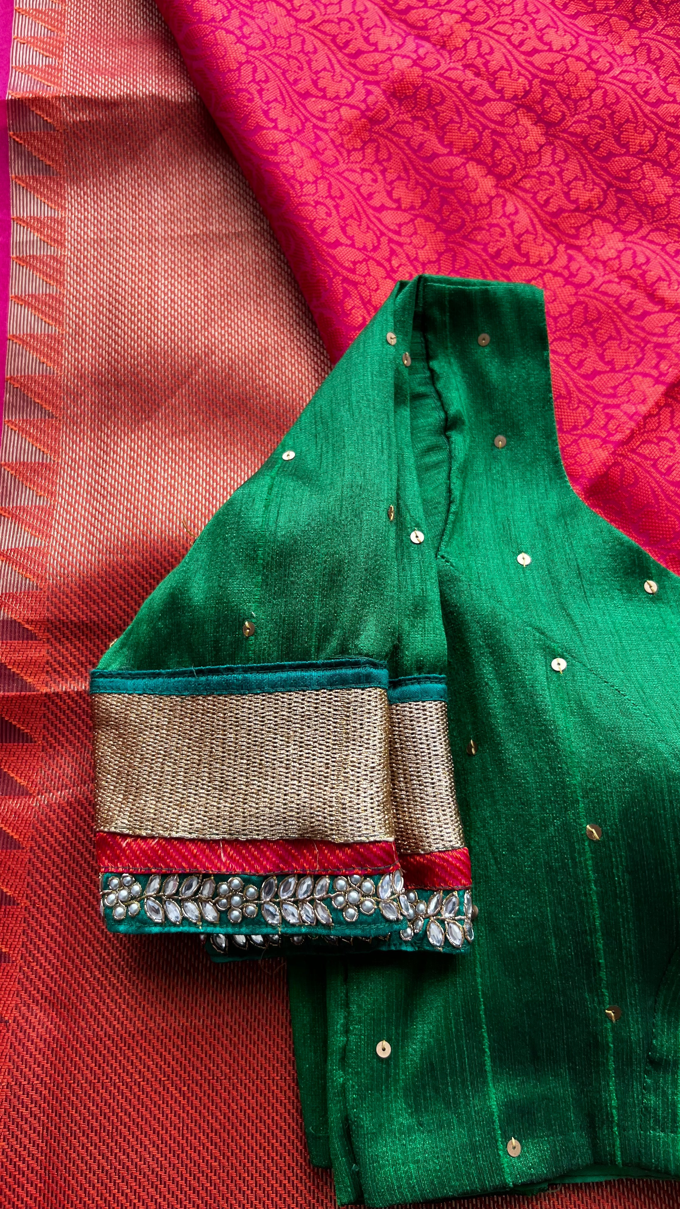 Pink Red silk saree with green hand worked blouse - Threads