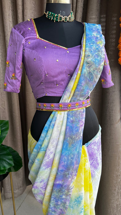Multicolur chiffon saree with hand worked blouse - Threads