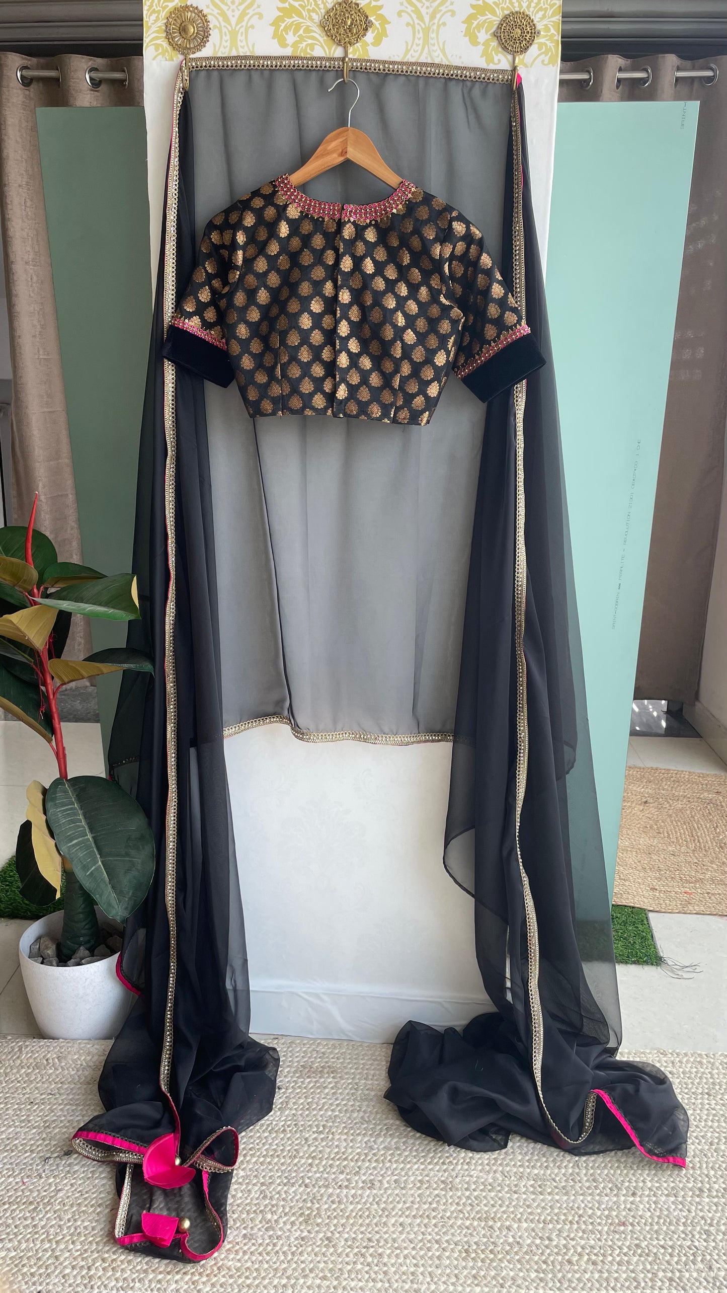 Black organza saree with banarasi blouse
