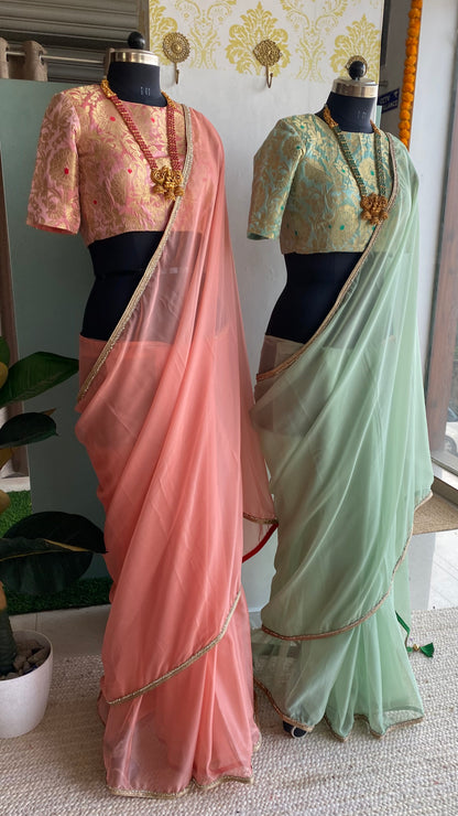 Peach organza saree with banarasi blouse