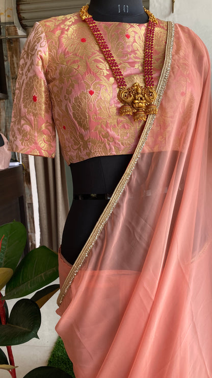 Peach organza saree with banarasi blouse