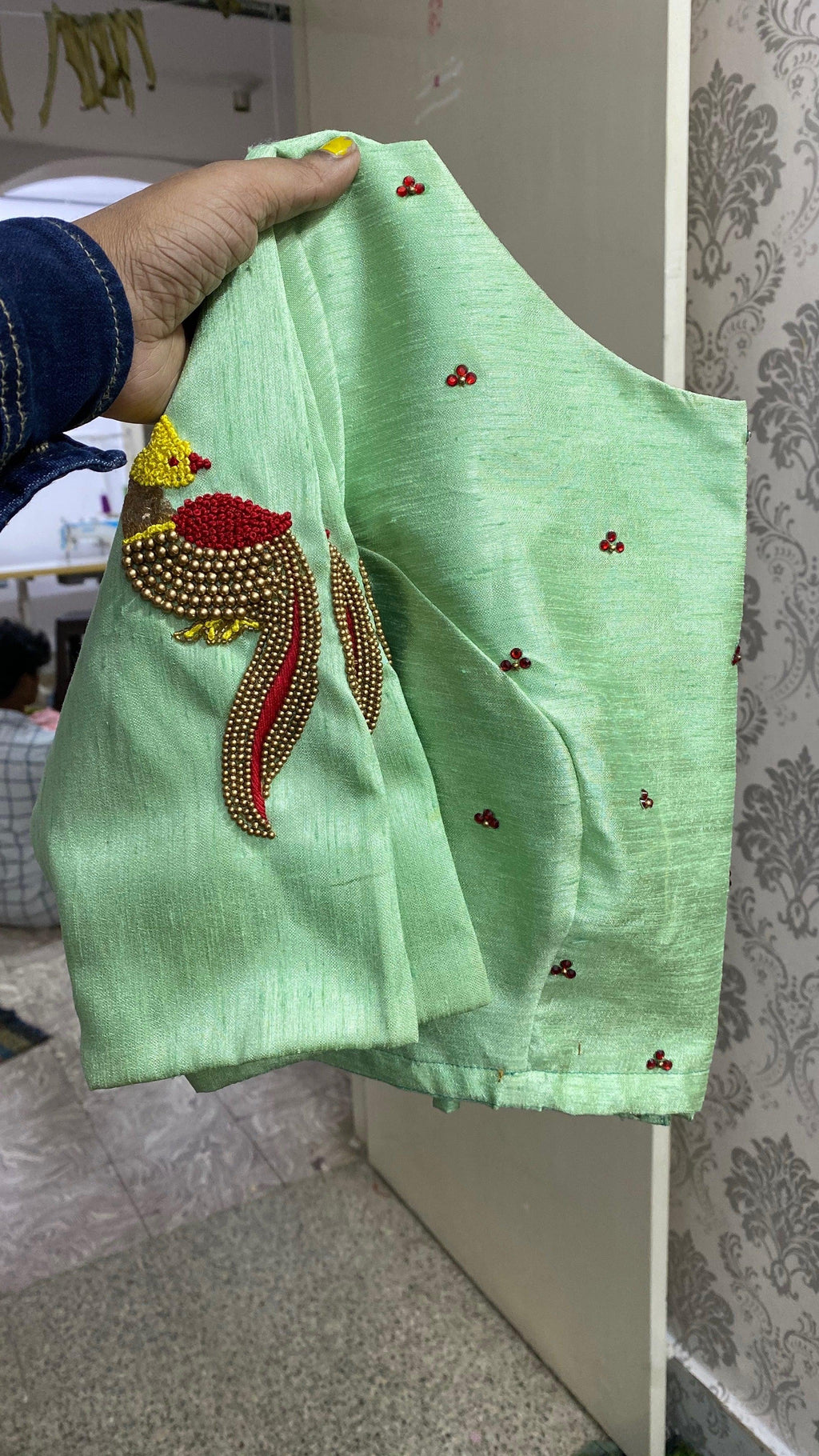 Pista Coloured Silk Blouse with Handmade Bird Sleeves. - Threads