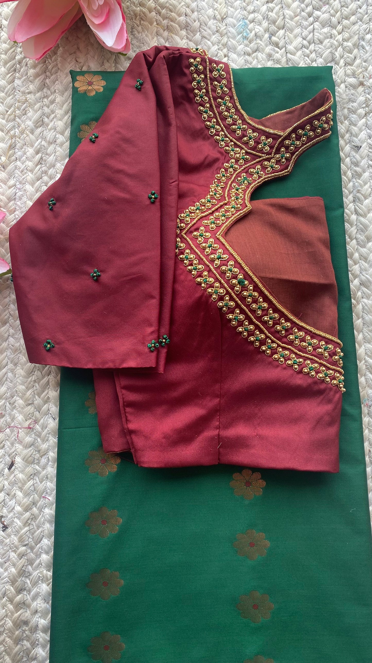 (Free full draping )bottle green silk saree with maroon hand worked blouse