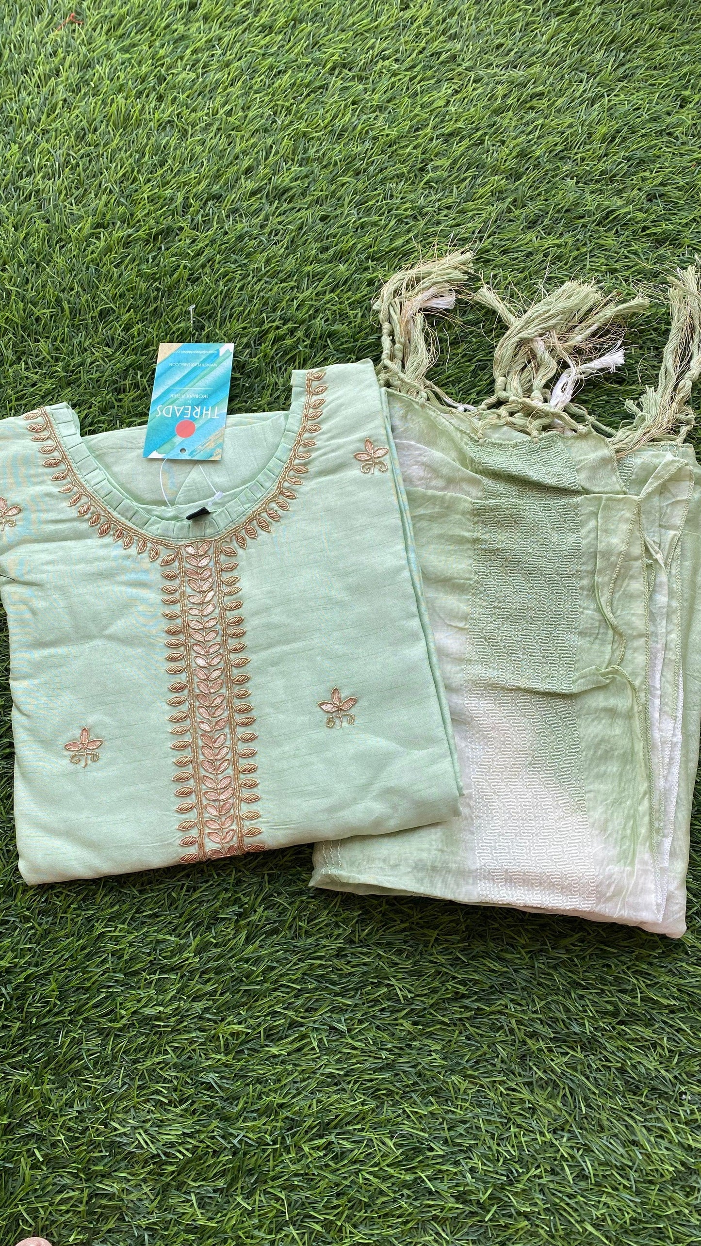 Green pink silk embroidery kurti 2 piece set - Threads