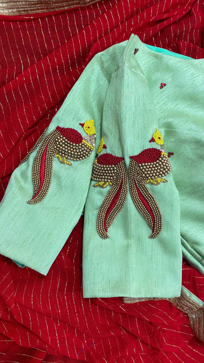 Pista Coloured Silk Blouse with Handmade Bird Sleeves. - Threads