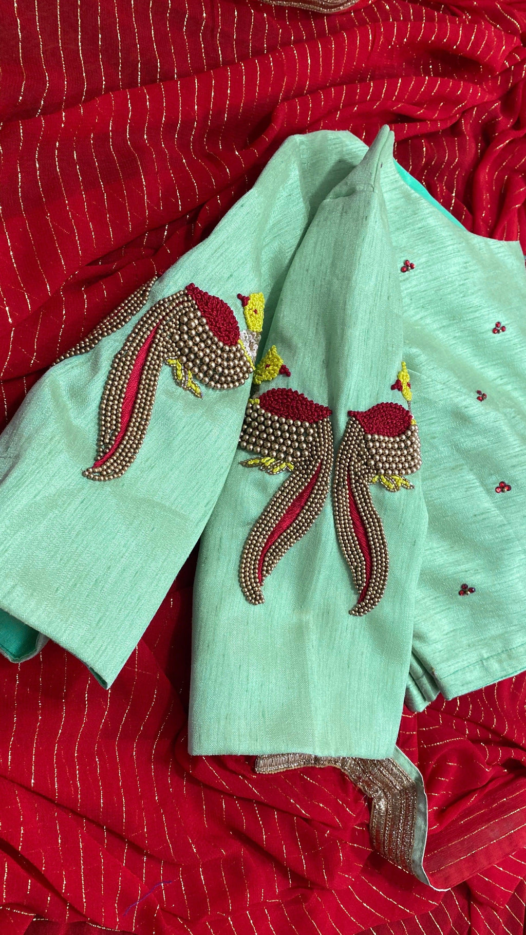 Pista Coloured Silk Blouse with Handmade Bird Sleeves. - Threads